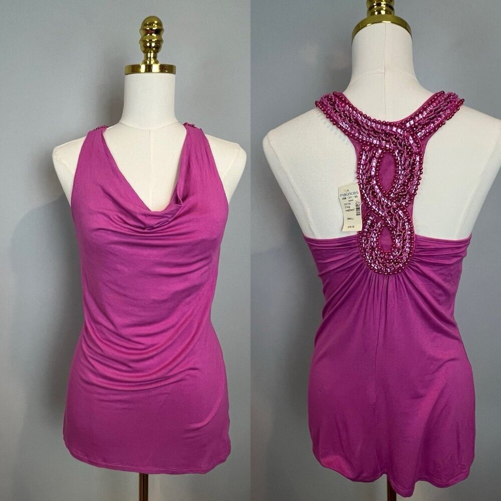 Pink Y2K Top Size Small Beaded Racerback Drape Neck Studio Y NWT‎